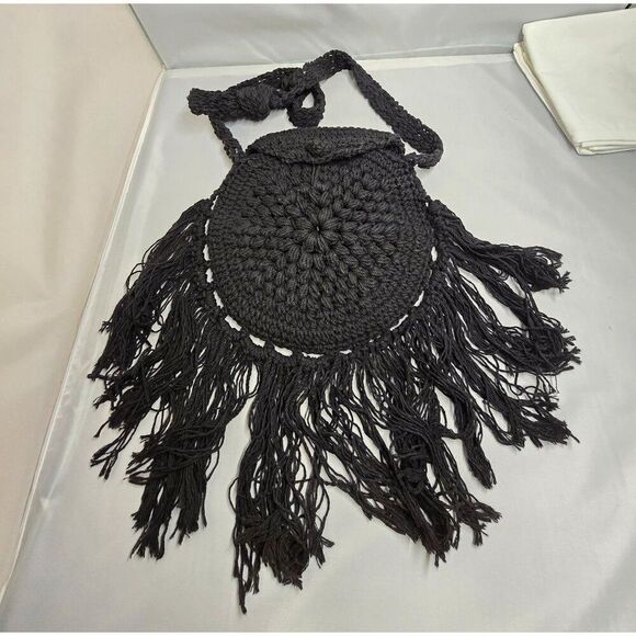 Handmade Crochet macrame Black Fringe Bohemian Shoulder Bag boho cottage biker - Picture 2 of 8